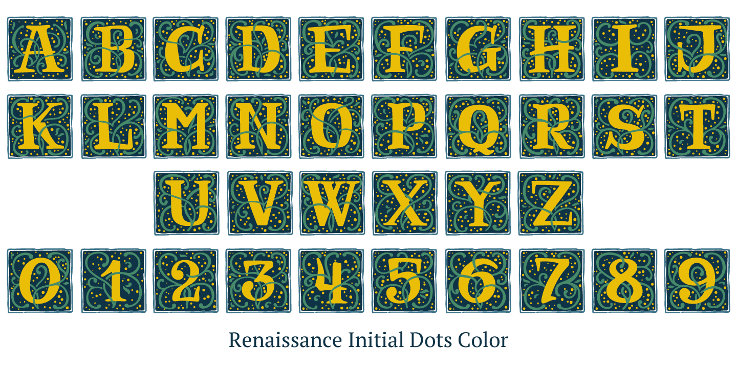 Ejemplo de fuente Renaissance Initial Dots Color